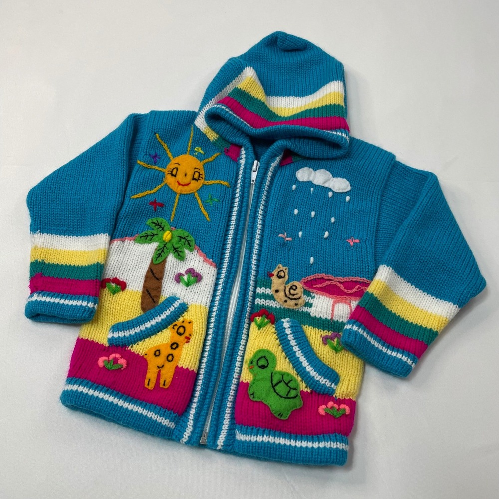 Peruvian Kids Turquoise Zoo Animals Tree Sun Rain Zip Up Hooded Cardigan Sz 5/6